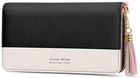 Jocose Moose Damen Geldbörse, große Kapazität Kunstleder Brieftasche, Reißverschluss RFID Geldbörse mit Quaste Anhänger, 12 Kartenfächer und Münzfach
