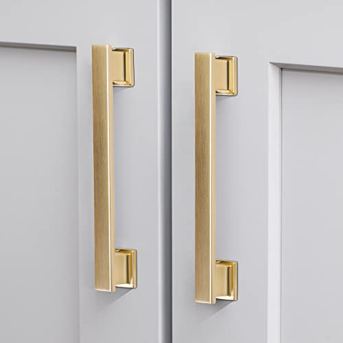 VEHCIL 20 Pack Square Brushed Gold Cabinet Pulls, 5 Inch(128mm) Hole Centers Gold Cabinet Handles Hardware for Kitchen Cupboard Closet Bathroom Dresser Drawer, Solid Zinc Alloy