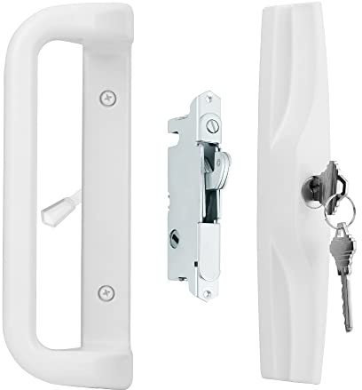 House Guard White Sliding Patio Door Handle Set with Key Cylinder, 3-15/16 Screw Hole Spacing, Replacement Handle Lock Set for Selected Sliding Glass Doors with Compatible Mortise Lock