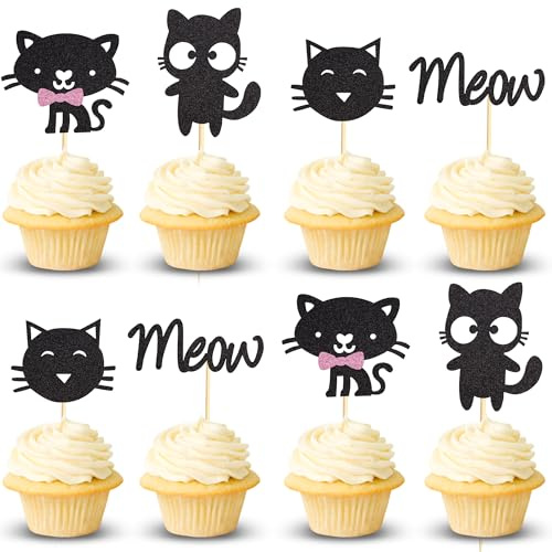 Arthsdite 24Pcs Cat Cupcake Toppers Kitten & Meow Cupcake Food Picks - Cat Lover Kitten Theme Baby Shower Kids Birthday Wedding Party Cake Decorations Supplies - Black Glitter