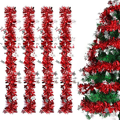 Sprinlot Guirnalda Navidad Rojo, 8m Espumillon Arbol Navidad, Guirnalda Espumillón de Navidad Rojo, Guirnalda Brillante Metálica, Oropel Arbol Navidad Decoración