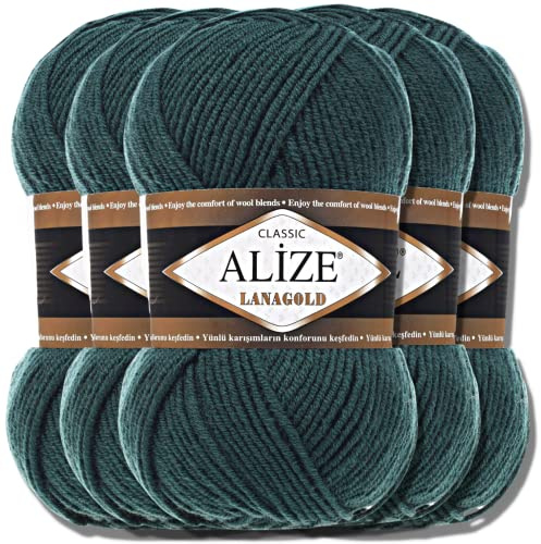 Hobby YARN 3x Etikettenlabel mit Alize Lanagold Wolle Premium 5x100g als Set, Yarn, Garn, Strickgarn, Einfarbig, Baby, zum Häkeln, Stricken, Kleidung, Schals (Petrol - 426)