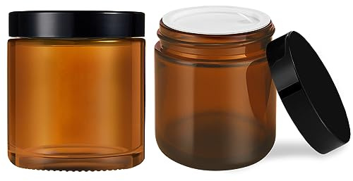 4 oz Glass Jars with Lids, 2 Pack Amber Jars with Lids & Inner Liners, Wide Mouth | Glass Black Mason Jars for Cream, Lotion, Honey, Jam, Jelly | Kitchen & Home