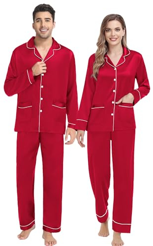 SWOMOG Familjeset med matchande pyjamas för kvinnor, män och barn, pyjamas i silkessatin, 2 delar, lång ärm, knäppning, nattkläder, 2 fickor, Röd, M