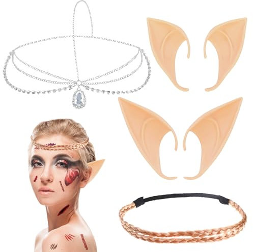 Elfenohren Set, 2 Paar Elf Ears Elfen Ohren Kostüm Damen, Elf Ears mit Haarband und Kopfkette, Pixie Ears, Soft Pointed Fairy Ears, Fee Pixie Elfen Ohren, Elfenohren Schmuck Karneval Cosplay Party