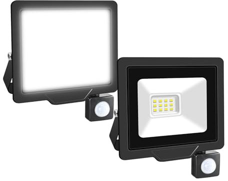 Willpower 2pcs Foco LED Exterior 10W Proyector LED con Detector de Movimiento Impermeable IP66 LuzLED Exterior 6000K Blanco Frío Luz de Inundación Seguridad para Garaje Patio Jardín Terraza Parque