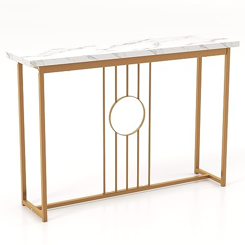 LIFEZEAL Tavolo Consolle Oro, Console Dorata, Tavolo Ingresso Moderno | Telaio Salvaspazio in Metallo con Effetto di Marmo, Antiribaltamento, per Entrata, Corridoio, Max 30 kg, 120x30x80,5cm