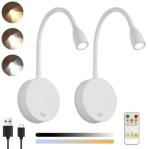 Klighten 2 Pezzi Lampada da Lettura Parete Senza fili Dimmerabile con Telecontrollo, Batteria 2W LED Luce da Lettura da Comodino, Faretto Lettura Ricaricabile USB, 200LM, 3000/4500/6000K, Bianco