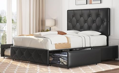 Yaheetech 4ft6 Double Bed Frame Upholstered Platform Bed with Adjustable Diamond Button-Tufted Headboard and 2 Drawers Storage/Sturdy Wood Slat Support/No Box Spring Needed,Black Double Bed