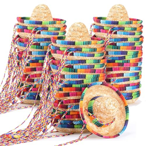 Kigeli 80 mini cappelli Sombrero da festa da 15 cm, piccoli cappelli messicani in paglia naturale, decorazioni per la tavola, sombrero, per bambini, bambole, animali domestici, cani, gatti