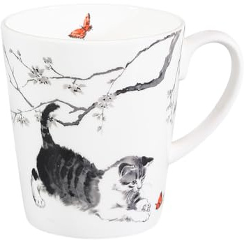 tea4chill Könitz Kaffeetasse Katze mit Schmetterling. Teetasse 500ml Fine Bone China Porzellan. Design modern, lustig