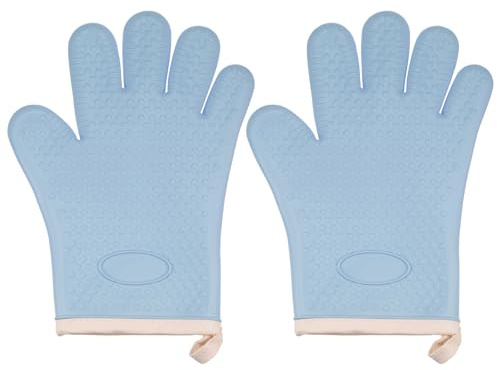 sourcing map 2 guanti da forno in silicone da 27,4 x 14 cm, guanti da forno in gomma resistente al calore, con fodera in morbido cotone, per cucina e cottura, blu chiaro