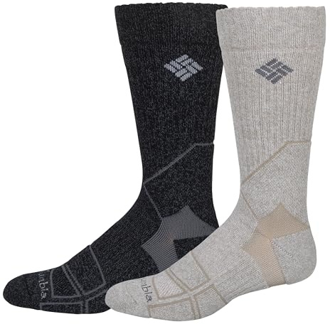 Columbia Men's 2 Pack Medium Weight Hiking Crew Socks, Khaki/Charcoal, 6-12 US