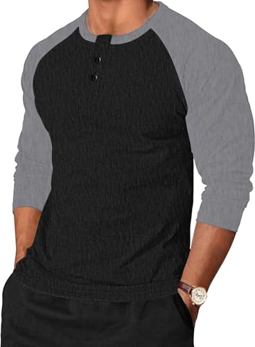 TARAINYA Henley skjorta herr t-shirt för män långärmad tröja herr stretch med knappar smal passform, Svart mörkgrå, M