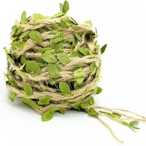 20m Garden Twine Green, Leaves Jute,Artificial Vine, Fake Foliage Leaf Plant, Leaf Ribbon, Natural Jute Twine String Wedding Party Favor Home Decoration Jute Twine Leaf Rope 32 Feet (5mm)