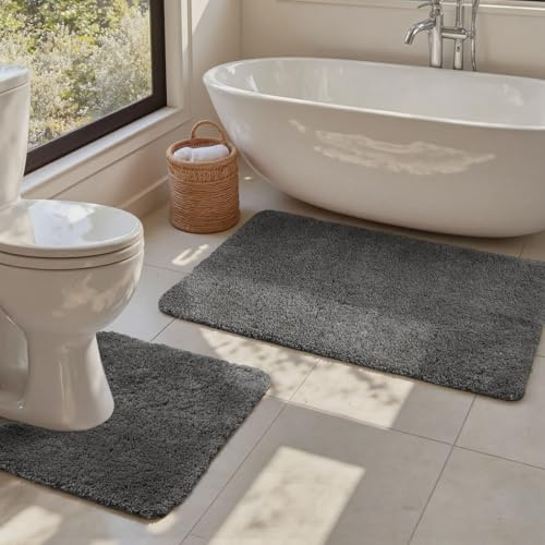 Tuocal 2 Piece Bath Mat Set, Microfiber Thickened Bathtub Rug & Toilet Pedestal Carpet, Non Slip Super Absorbent Ultra Soft Washable Bath Rug, 50x80cm+50x40cm