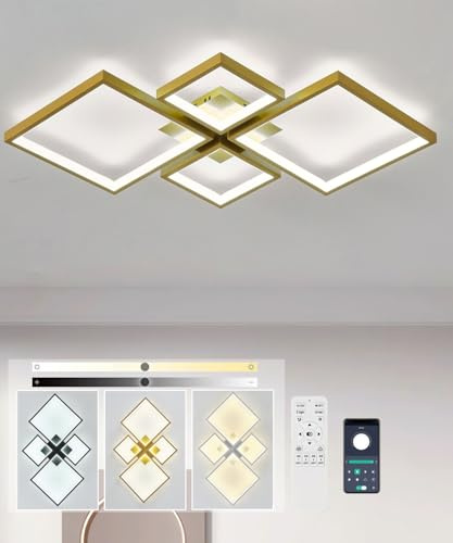 LIYYANG Moderne LED Deckenleuchte Dimmbare Deckenleuchten mit Fernbedienung Wohnzimmer Deckenbeleuchtung Aluminium Deckenlampe für Schlafzimmer Esszimmer Büro (Gold, L73cm)