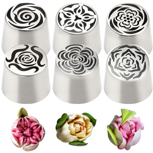 Consejos de tuberías rusas, 6pcs 6 estilos Consejos de tuberías de flores de acero inoxidable, suministros de decoración de pasteles fáciles de limpiar para la cocina de la cocina accesorios para hor