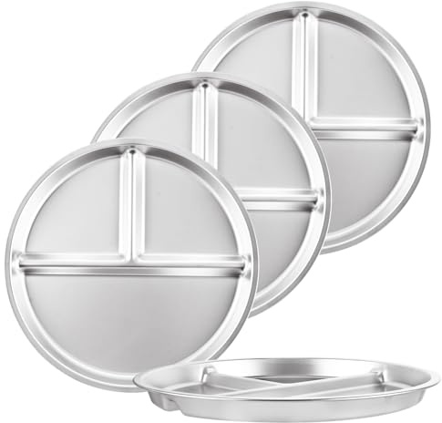 LOLYSIC 4 Stück Edelstahl Teller, 3 Abschnitte Camping Teller, 23 cm Portionskontrollteller Geteilte Teller, Edelstahl Tablett für Menschen mit Adipositas