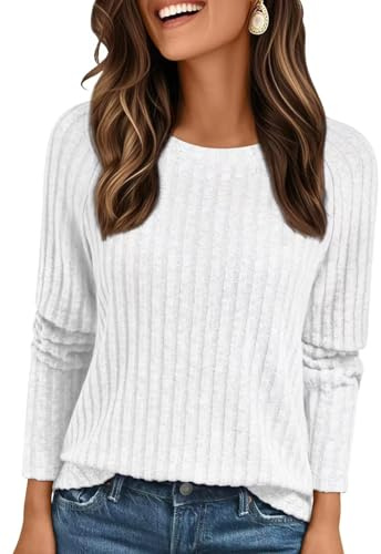 AirMood Women Dressy Casual Ribbed Long Sleeve Tshirts Tunic Tops Crewneck Loose Fit Sweatshirts Shirts, White, M