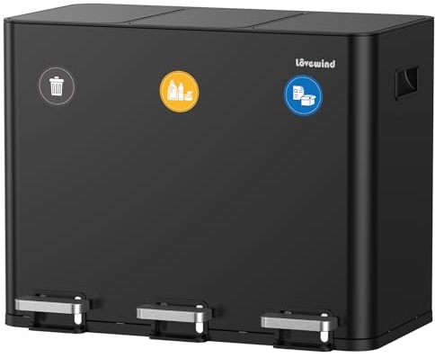 lovewind Mülleimer Küche,Mülleimer 3 Fächer,45L Mülltrennsystem, 3 x 15L, Tretmülleimer mit Deckel und Inneneimern, Stahl, Magnetisches Etikett,Soft-Close-Deckel,Schwarz