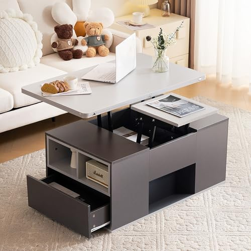 Gxffipw Lift Top Coffee Table 100x51x47-60.5 cm with 2 Drawers, Lift Up Coffee Table with Storage, Tea Tables Living Room, Living Room Furniture, Grey