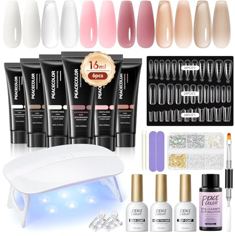 PEACECOLOR 24Pcs Poly Nail Gel Kit with U V light 6 Colors Clear Pink Nude Poly Nail Extension Gel with Glossy/Matte Top Coat Nail Rhinestones Starter Kit DIY Home Gifts for Women