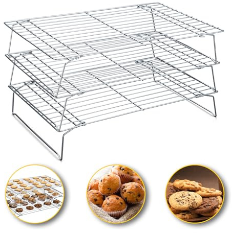 hunnycook Set di 3 griglie di raffreddamento impilabili, rettangolari, in acciaio inox, 40 x 25 cm, riutilizzabili per cuocere, grigliare e asciugare, sane e robuste, lavabili in lavastoviglie