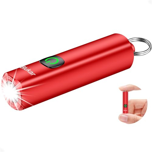 Blukar Mini Torcia LED Ricaricabile, Super Luminoso Torcia EDC Tascabile con Portachiavi, 3 Modalità, Funzione di Memoria, Impermeabile Portatile Flashlight per Campeggio/Pesca/Emergenza-Rosso