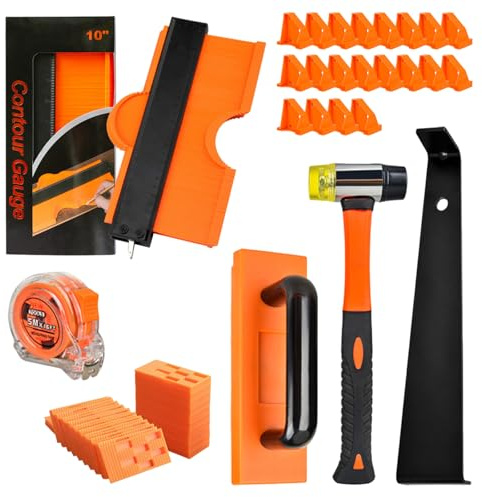 Kit d'installation de parquet en bois, 65 pièces d'outils de revêtement de sol stratifié avec entretoises en caoutchouc, maillet, barre de tirage, jauge de contour, mètre ruban, kit de revêtement de