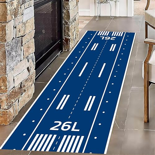 Kuluoits Flughafen Landebahn Läufer Teppich, 120x170cm für Kinder und Jungen, Spielzimmer, Rennstrecke, Langer Teppich, Waschbar, Blauer Flurläufer für Wohnzimmer, Schlafzimmer, Klassenzimmer