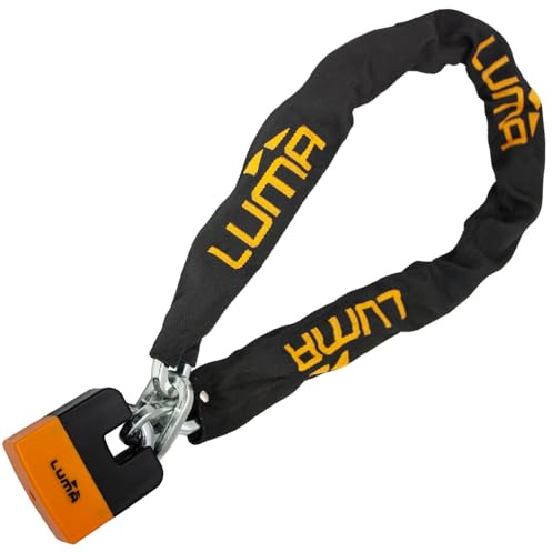 Cadena antirrobo LUMA 28 CHAIN – Cadena de seguridad en acero endurecido con llave reversible – Resistente al impacto, protección contra vandalismo y clima para motos y bicicletas.. (Naranja, 120 cm)