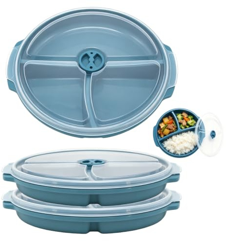 3 Stück Mikrowellen Teller, 3 Fach Mikrowellenteller mit Deckel, Mikrowellengeschirr, Wiederverwendbar Portionsteller Geteilter Speiseteller Bruchsicher BPA-frei zum Erhitzen Einfrieren(Blaugrün)