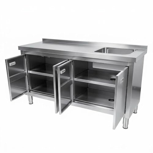 304 Stainless Steel Commercial Sink with Cabinet – 63 Freestanding Utility Sink & Prep Table, Deep Basin Workstation with 4 Pull-Out Storage Doors, for Restaurant, Cafe, Garage, Outdoor BBQ