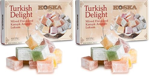 Delicias turcas con diferentes sabores 500 g I sabor a rosa, limón, naranja, menta | Confitería tradicional | Vegano | Halal | Kosher | caramelo blando Postre Lokum (Loukoumi) | (Paquete de 2)
