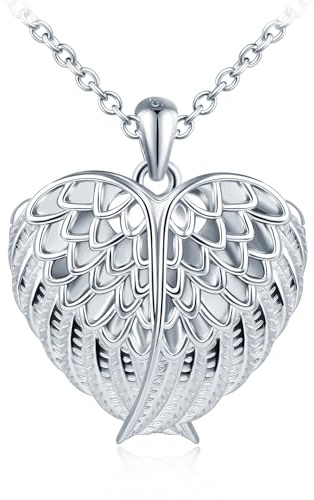 feilok Hollow Heart Angel Wings Locket Necklace Photo Medallion 925 Sterling Silver Chain Necklace for Women