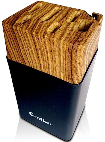 EliteHoff Bloque para cuchillos sin cuchillos, bloque vacío con afilador de cuchillos integrado, soporte para 5 cuchillos de cocina y tijeras de cocina (color negro mate y madera)