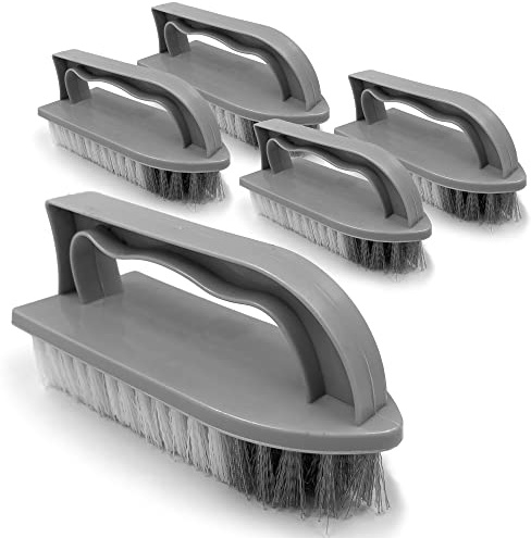 Pack of 5 Iron Shaped Hand Scrubbing Brush with Handle, Stiff Cleaning Brush with Hard Nylon Bristles and Plastic Body − Scrubbing Brushes for Cleaning Floors, Bathroom, Tiles, Capet, Deck and Patio