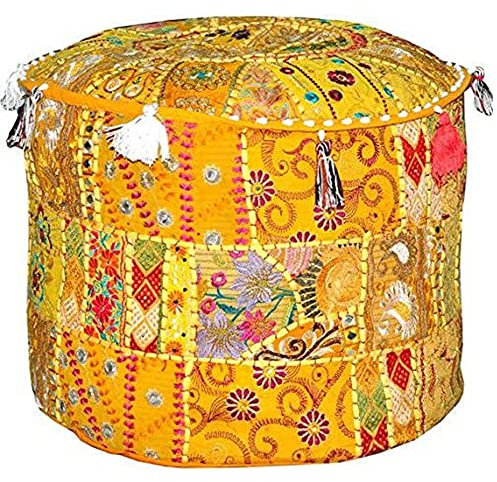 Aakriti Indischer Pouf Fußhocker mit Stickerei - Osmanischer Pouf Cover mit ethnischem Dekor - Baumwolle (Gelb, 46x33 cm)