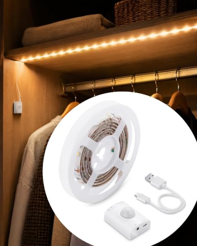 LUXJET LED Streifen mit Bewegungsmelder(1M, Warmweiß) | 1500mAh Akku Aufladbar, Zuschneidbar, Auto On/Off und Timer, Selbstklebend, für Schrankbeleuchtung, Schlafzimmer, Treppe