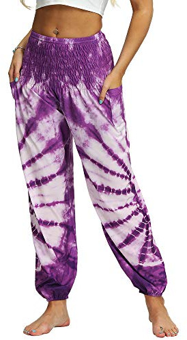 Nuofengkudu hippie haremsbyxor med fickor för kvinnor, yogabyxor, Violett B, En Storlek