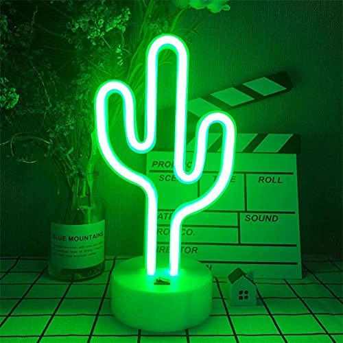 ENUOLI Green Cactus Neon Sign with Holder Base - LED Light Powered by Battery/USB for Kids' Room, Party, Wedding, Xmas