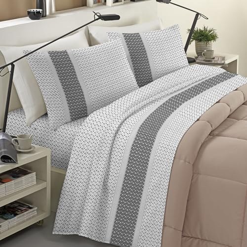 Banzaii Completo Lenzuola Invernale Felpate in Flanella Anti-Pilling 100% Cotone Singolo (per Materasso 80/90 cm, Altezza Fino a 35 cm) Rachele Grigio