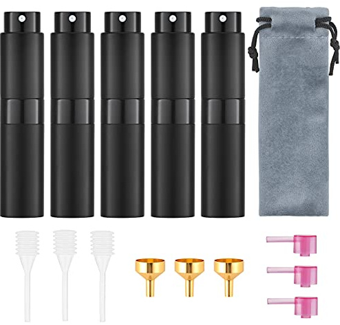 Tekson 5PCS 8ml Travel Perfume Atomizer Refillable, Mini Cologne Spray Bottle Empty, Small Aftershave Sprayer for Liquid Dispenser (Black)