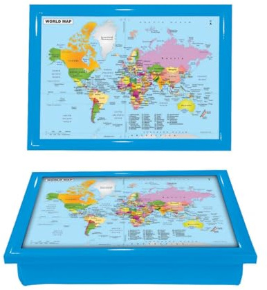 World Map Cushioned Lap Tray Bean Bag Padded Dinner Serving Cushion Laptop Holder Breakfast LapTray Serving Bean Bag TV Bed Soft Cushion Padded Cushioned Use for Living (BLUE)