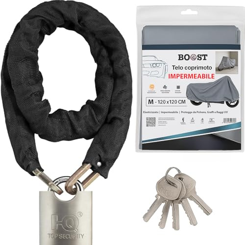 BOOST Kit Catena Antifurto Moto Scooter con 4 Chiavi + Telo Coprimoto Esterno Impermeabile – Bici con Lucchetto Antiscasso, Catena in Acciaio 0,8mm x 1m Rivestita in Tessuto Antigraffio (Versione A)
