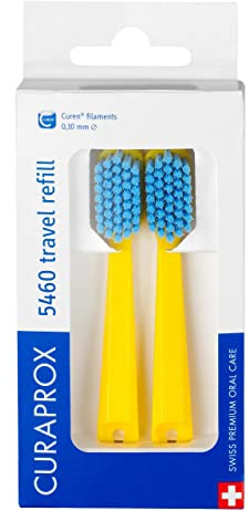 Curaprox CS 5460 Reise-Ersatz, 2er-Pack, Gelb - Blau, Swiss Made | Bürstenköpfe – für Reiseset , Ultrasanfte Plaqueentfernung