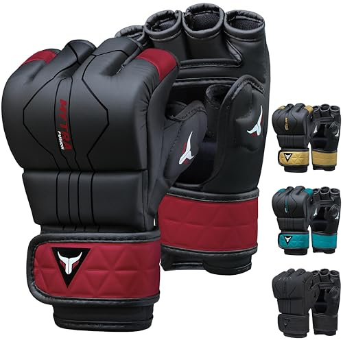 Mytra Fusion MMA-handskar med öppen ventilerad palm sparring handskar kickboxning, brottning, träning, burslåss blandade kampsportshandskar (Black/Maroon, L)