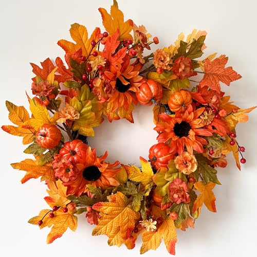 Fall Wreaths for Front Door 22 Inch, Fall Wreath with Pumpkin Maple Leaf Berry, Autumn Wreath for Thanksgiving Harvest Festival Decorations Indoor and Outdoor