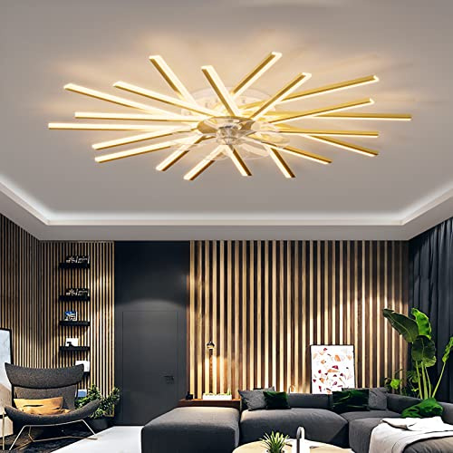 Plafonnier Ventilateur Design avec Telecommande APP Controle Réversible DC Grand Lustre Ventilateur de Plafond Dimmable 6 Vitesse Ventilo Plafond Silencieux pour Salon Chambre, Or, 100cm